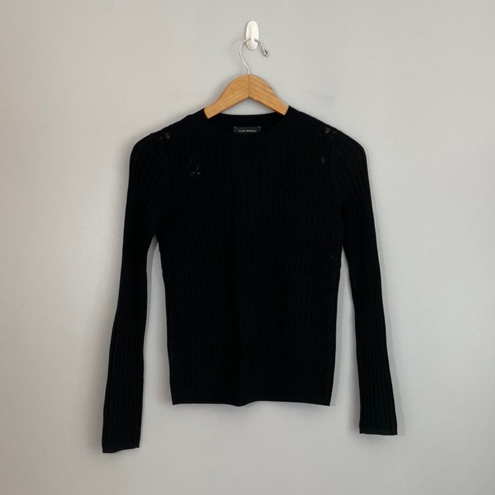 Club Monaco Ribbed and Open Weave Fine Knit Crewneck Sweater